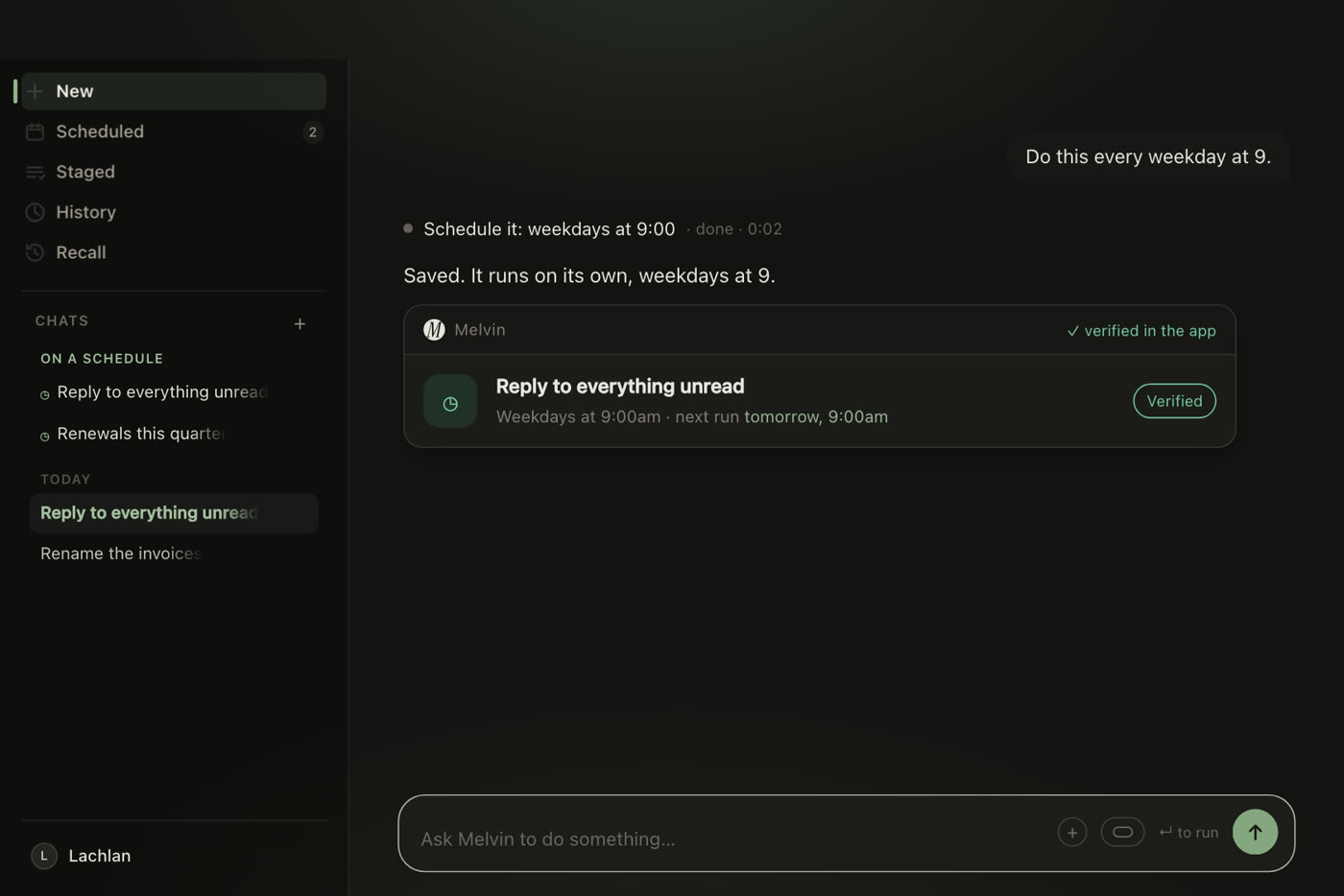 Melvin’s Create tab with a saved job on a schedule: ‘Reply to everything unread’, weekdays at 9:00am, listed under On a schedule in the sidebar.